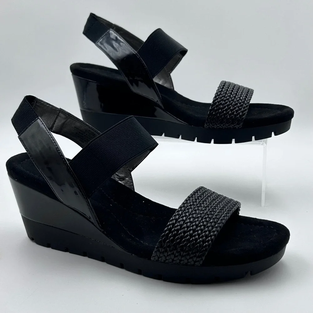 Bandolino Mateja Sandals Womens 9.5‎ Black Woven Patent Wedge Platform Lug Sole